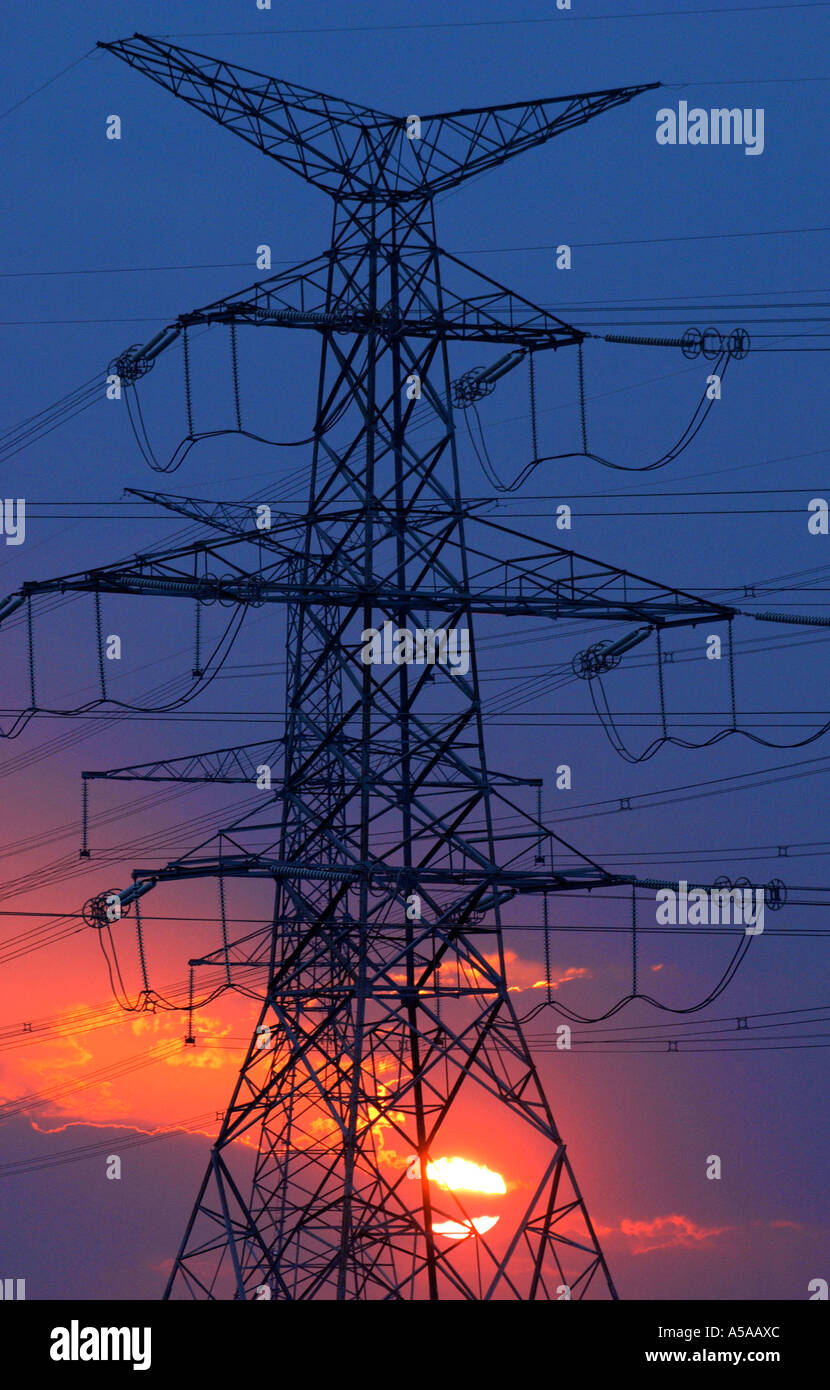 Sunset with hydro lines Stock Photo Alamy