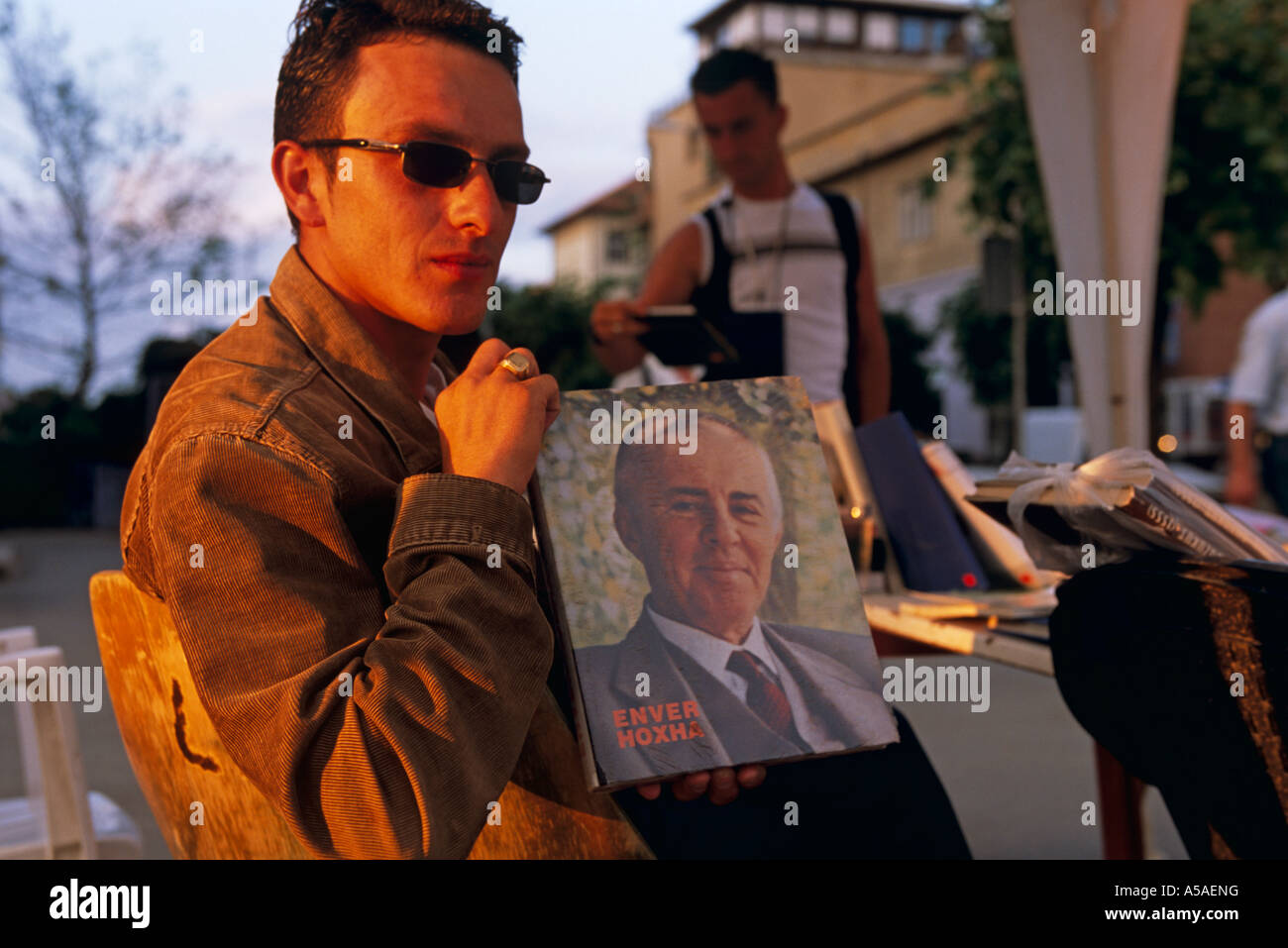 A man holding a Enver Hoxha book in Kosovo Serbia and Montenegro Stock Photo