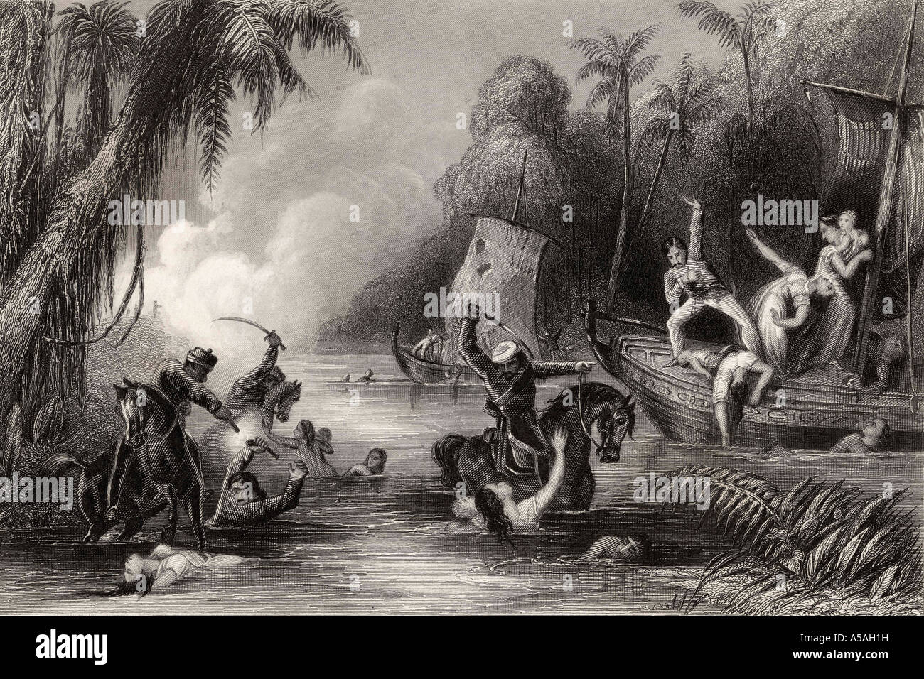 Massacre in the boats off Cawnpore 1857.  From The History of the Indian Mutiny, published 1858. Stock Photo