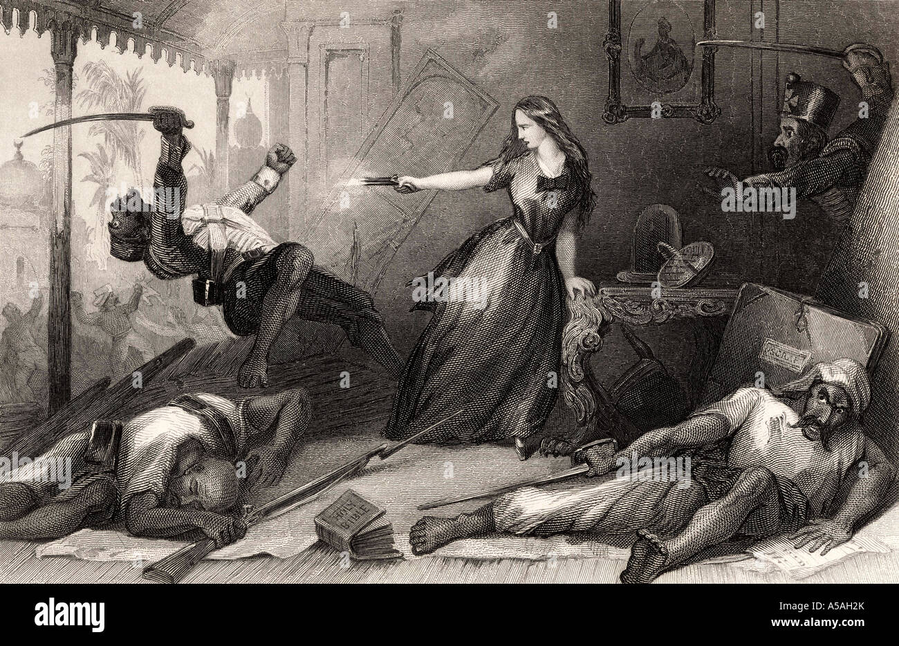 Miss Wheeler defending herself against the Sepoys at Cawnpore, 1857. From The History of the Indian Mutiny, published 1858. Stock Photo
