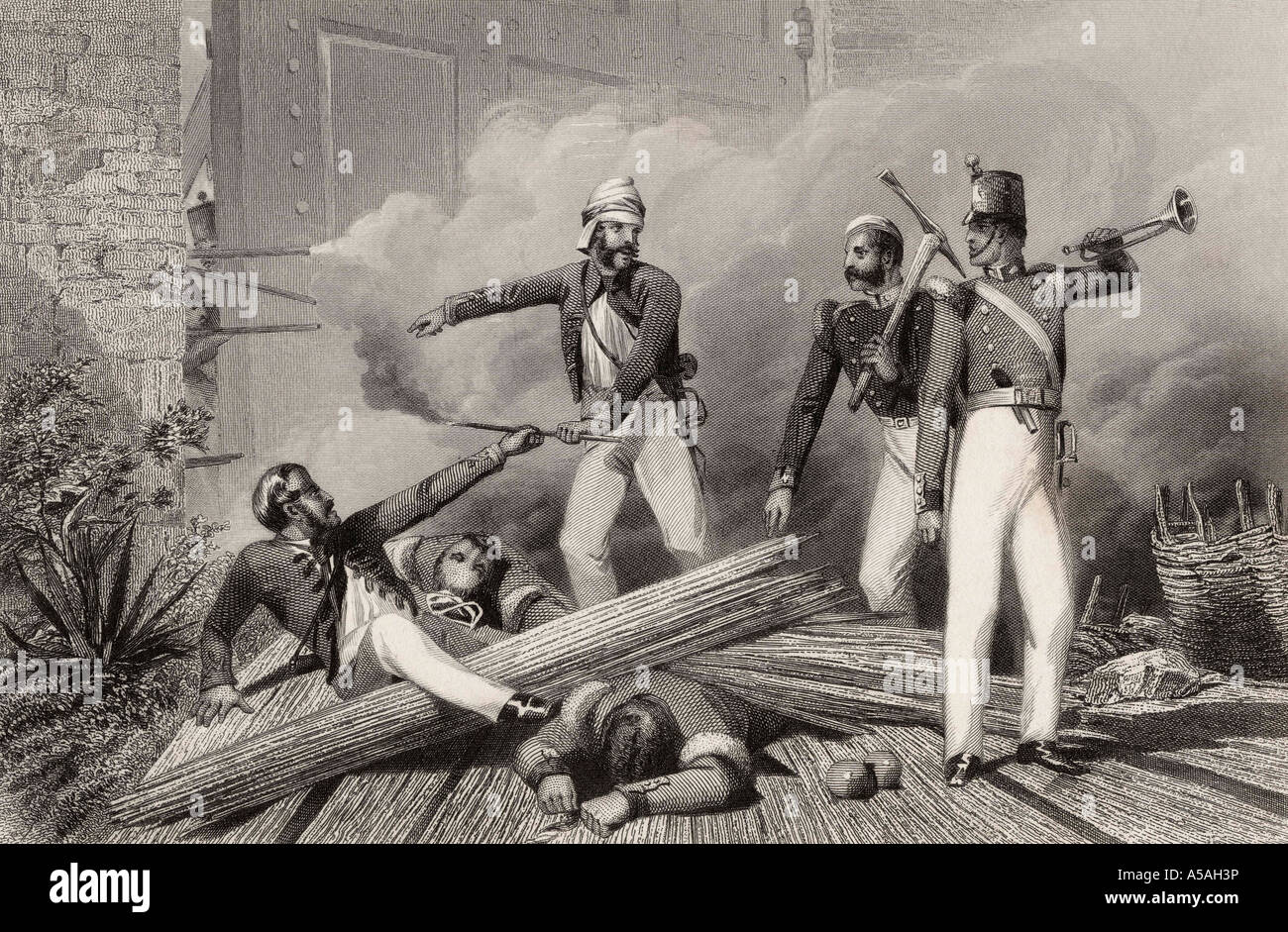 Blowing up of the Cashmere Gate at Delhi. From The History of the Indian Mutiny, published 1858. Stock Photo