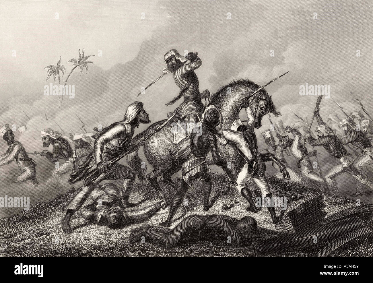 Havelock's column attacking the mutineers before Cawnpoor during the Indian Mutiny. Stock Photo