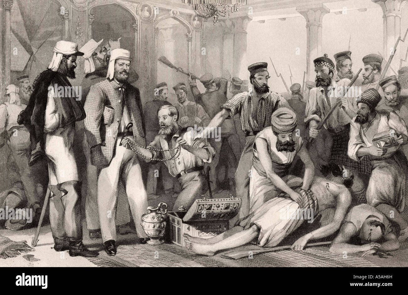 The Times Correspondent looking on at the sacking of the Kaiser Bach after the capture of Lucknow, March 15 1858. Stock Photo