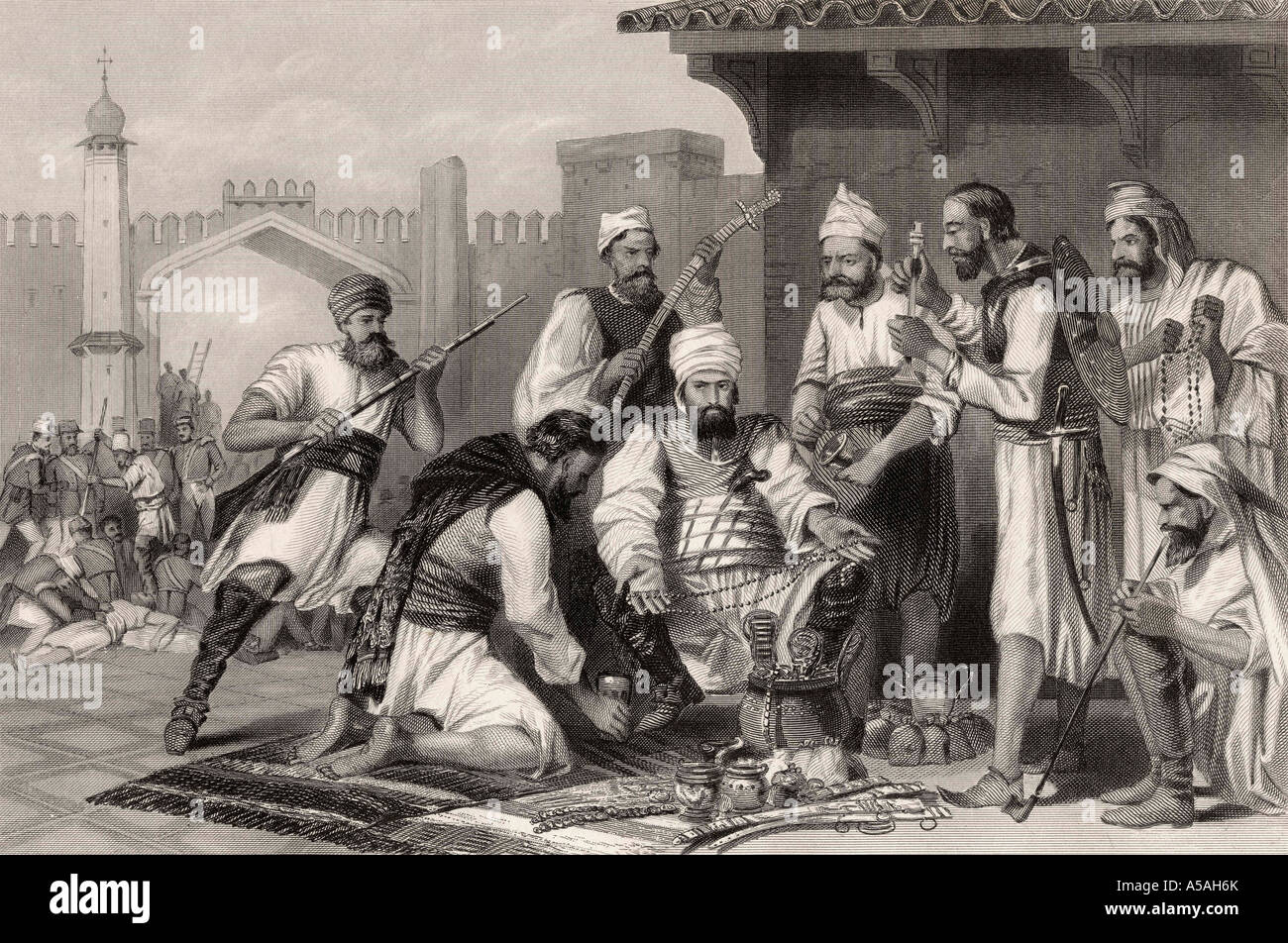 Sikh troops dividing the spoils taken from mutineers during The Indian Mutiny. Stock Photo