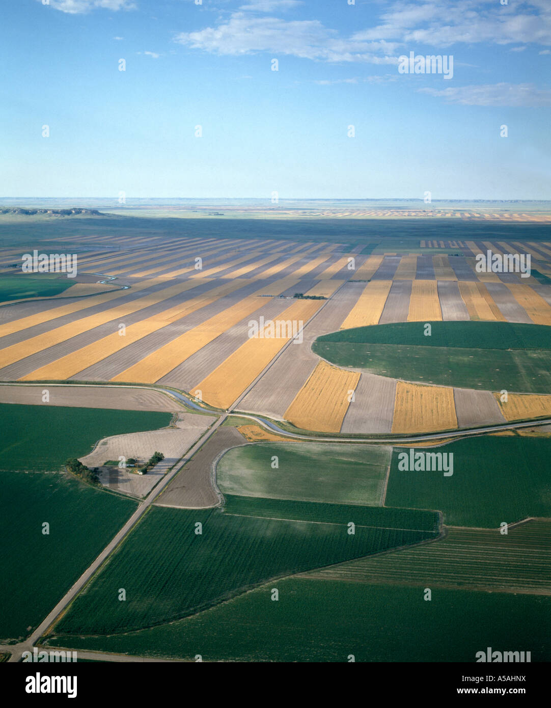 FALLOW-FARMED WHEAT STRIPS, CENTER-PIVOT IRRIGATION AND IRRIGATION CANAL Stock Photo