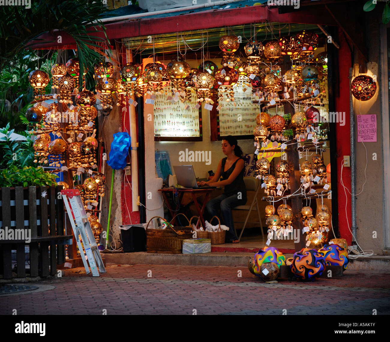 Jelly Fish lanterns are popular souvenirs from the shops on 5th Avenue the major pedestrian street in Playa del Carmen Mexico Stock Photo