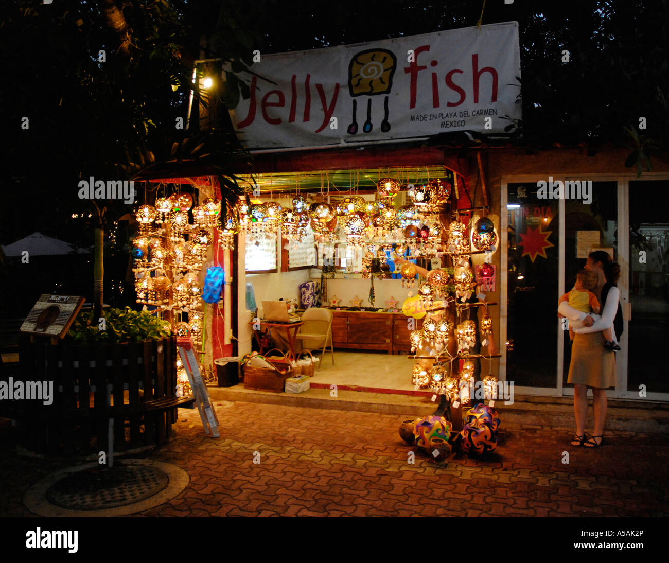 Jelly Fish lanterns are popular souvenirs from the shops on 5th Avenue the major pedestrian street in Playa del Carmen Mexico Stock Photo