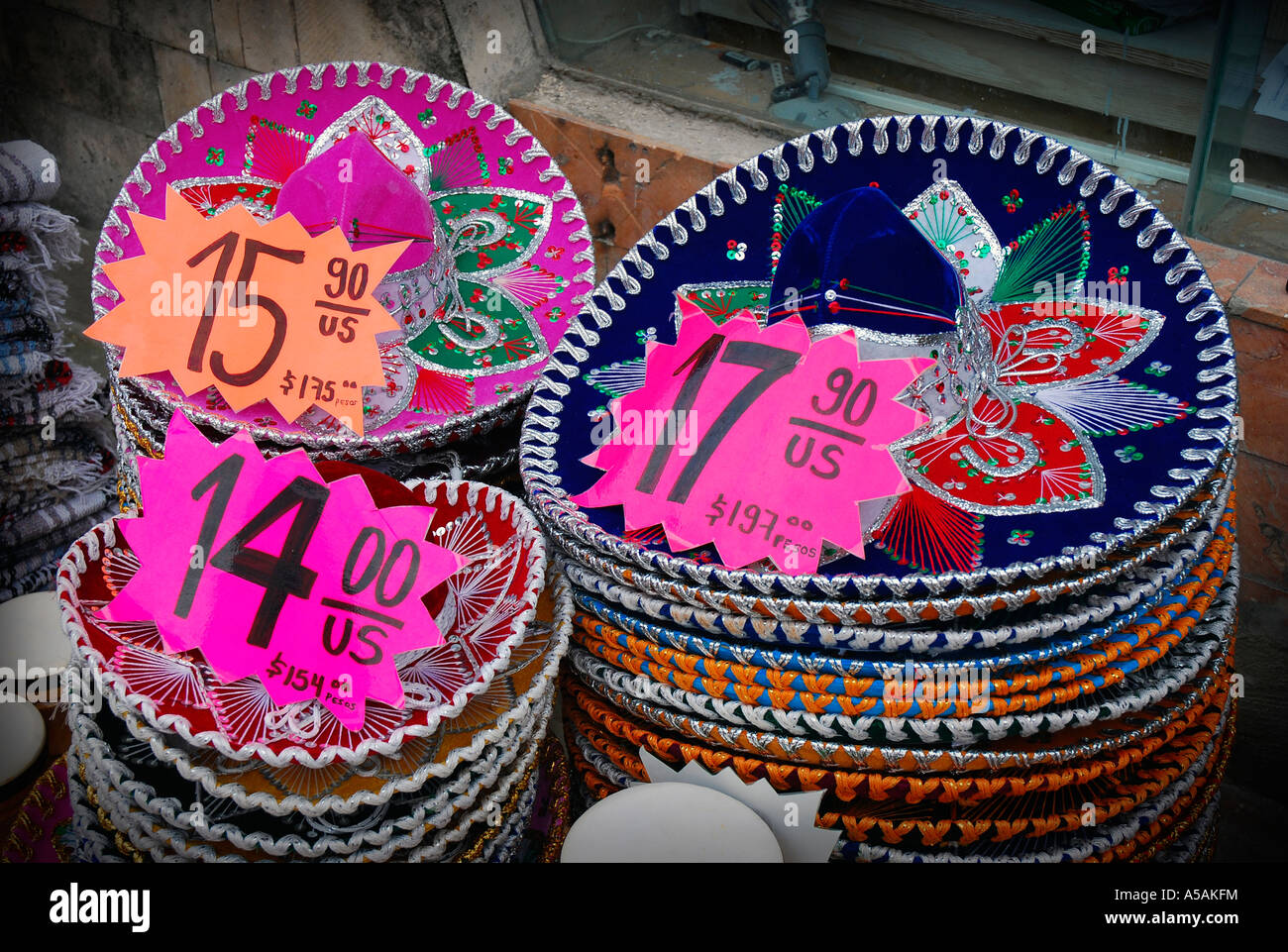 A sombrero is the obvious souvenir in Playa del Carmen Mexico. On 5th  Avenue you can often pay with US dollars Stock Photo - Alamy