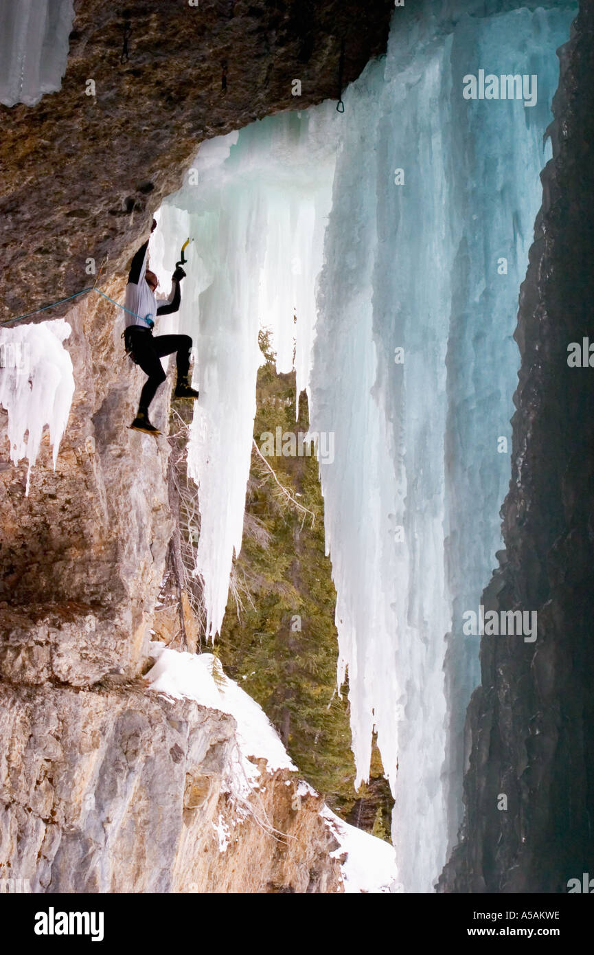 Climber at Panther Falls Banff National Park Canada Stock Photo
