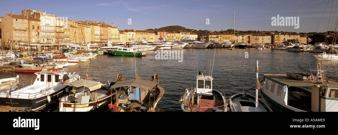 Panoramic view of St Tropez habour along the French riviera Stock Photo