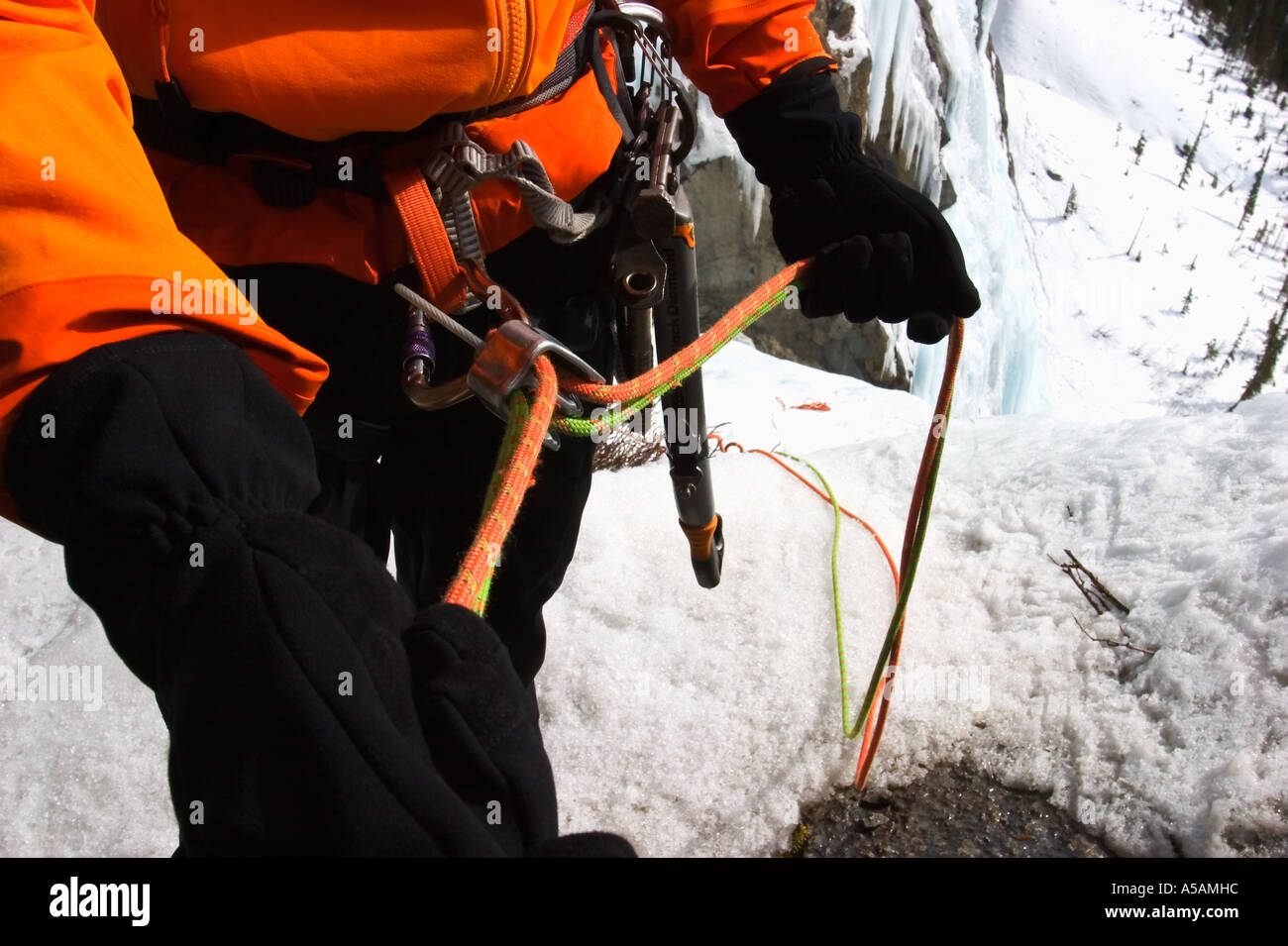 Climber showing rappel abseil device Stock Photo Alamy