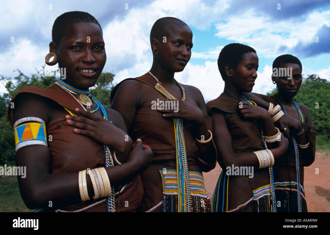 Portrait of girls wearing a traditional outfit in Nangwa Tanzania Stock