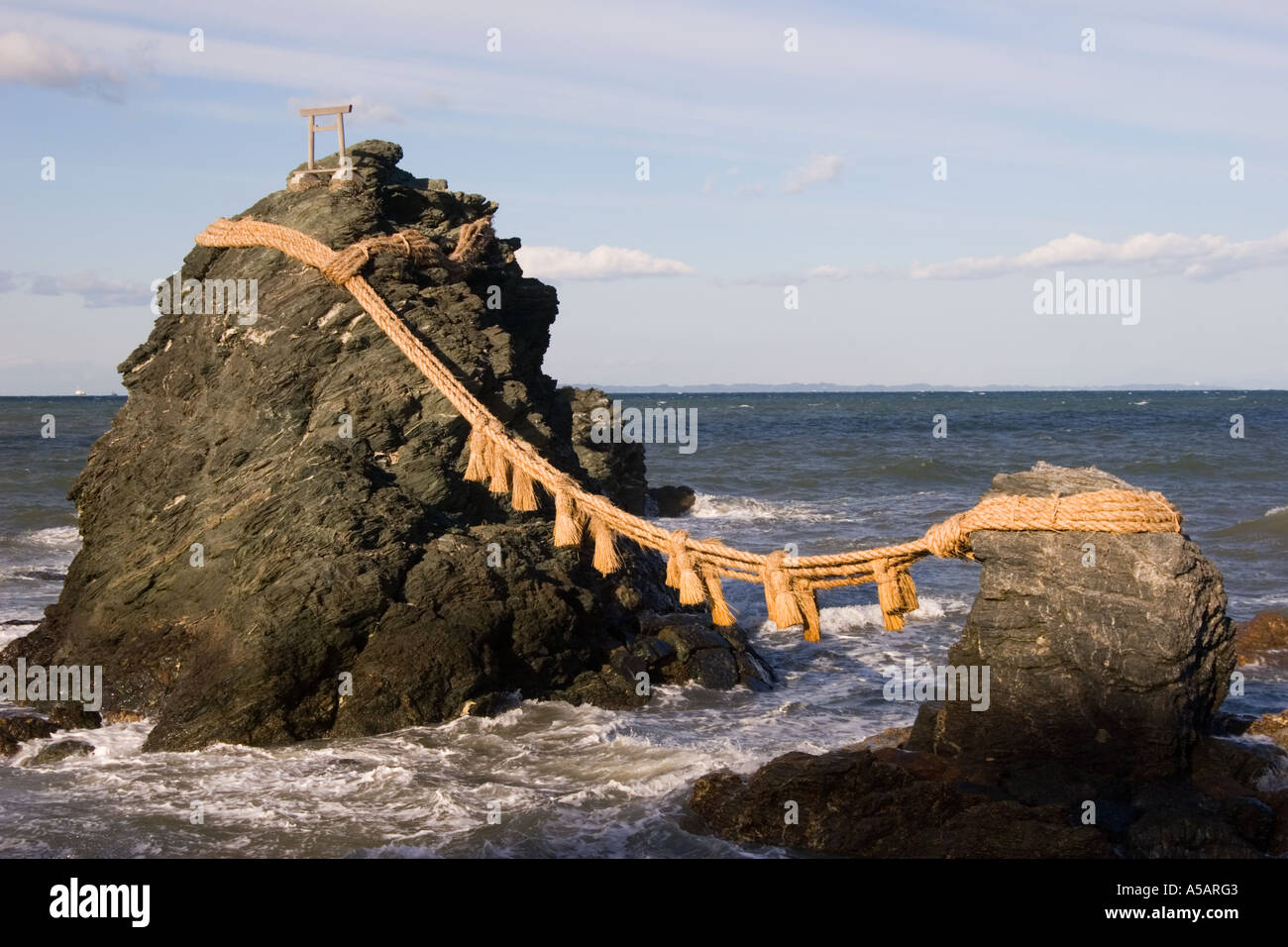 Meoto Iwa Wedded Rocks off the coast of Futamigaura Beach Futami Town on the in Mie Prefecture Japan Stock Photo