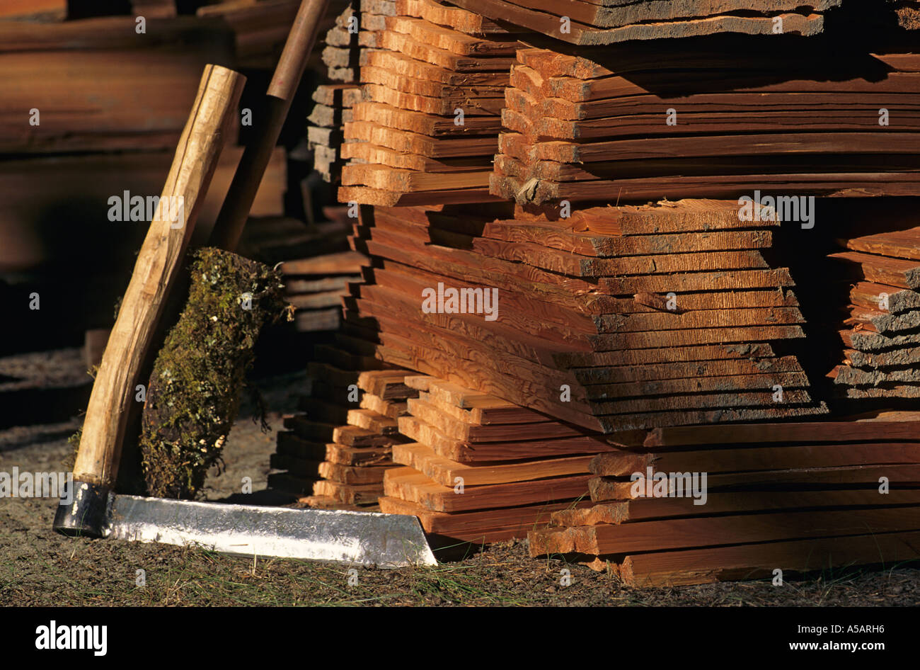 Handmade cedar shakes Dean river valley British Columbia Stock Photo