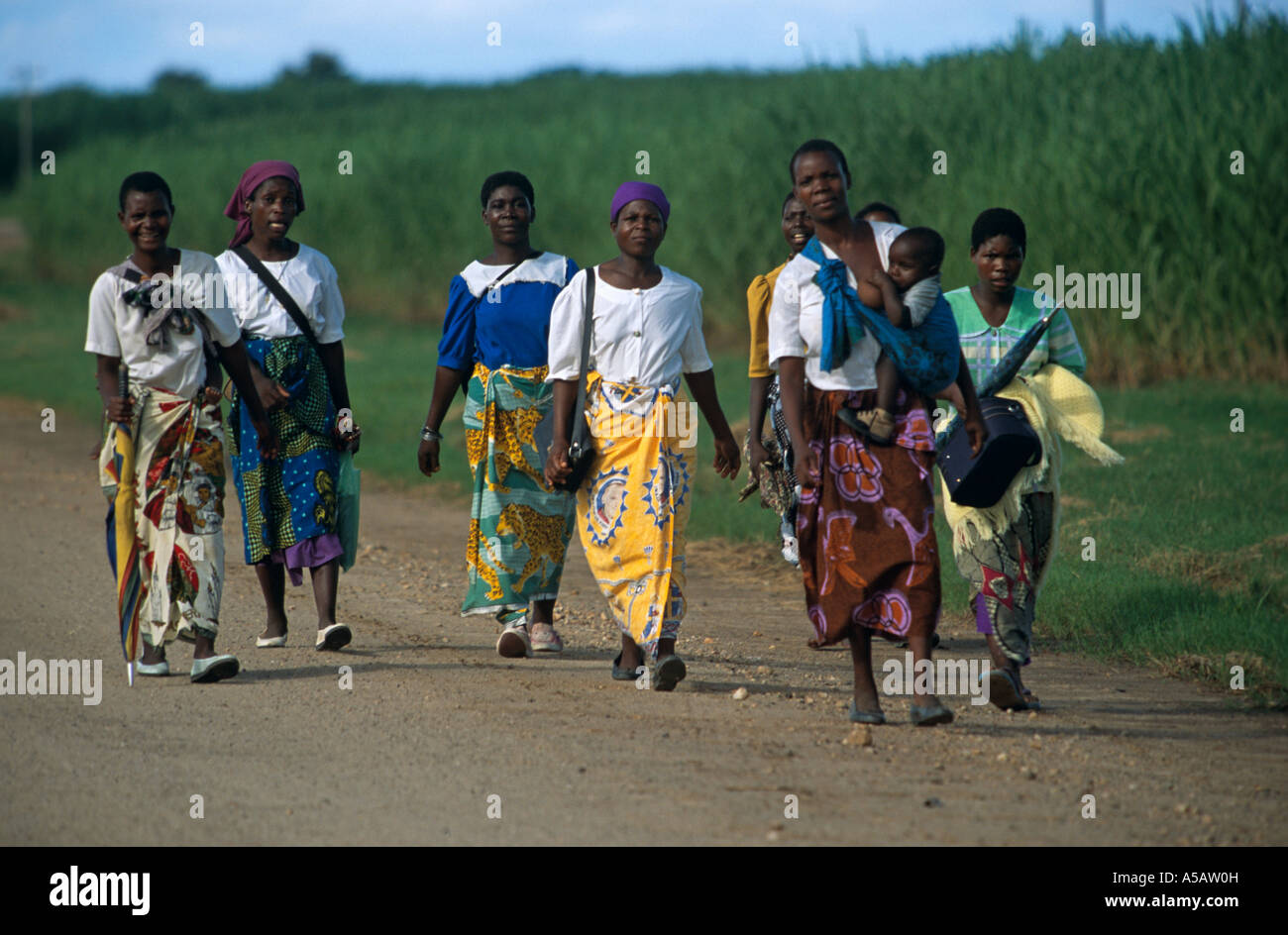 Group of women walking on rural road, Malawi, Africa Stock Photo