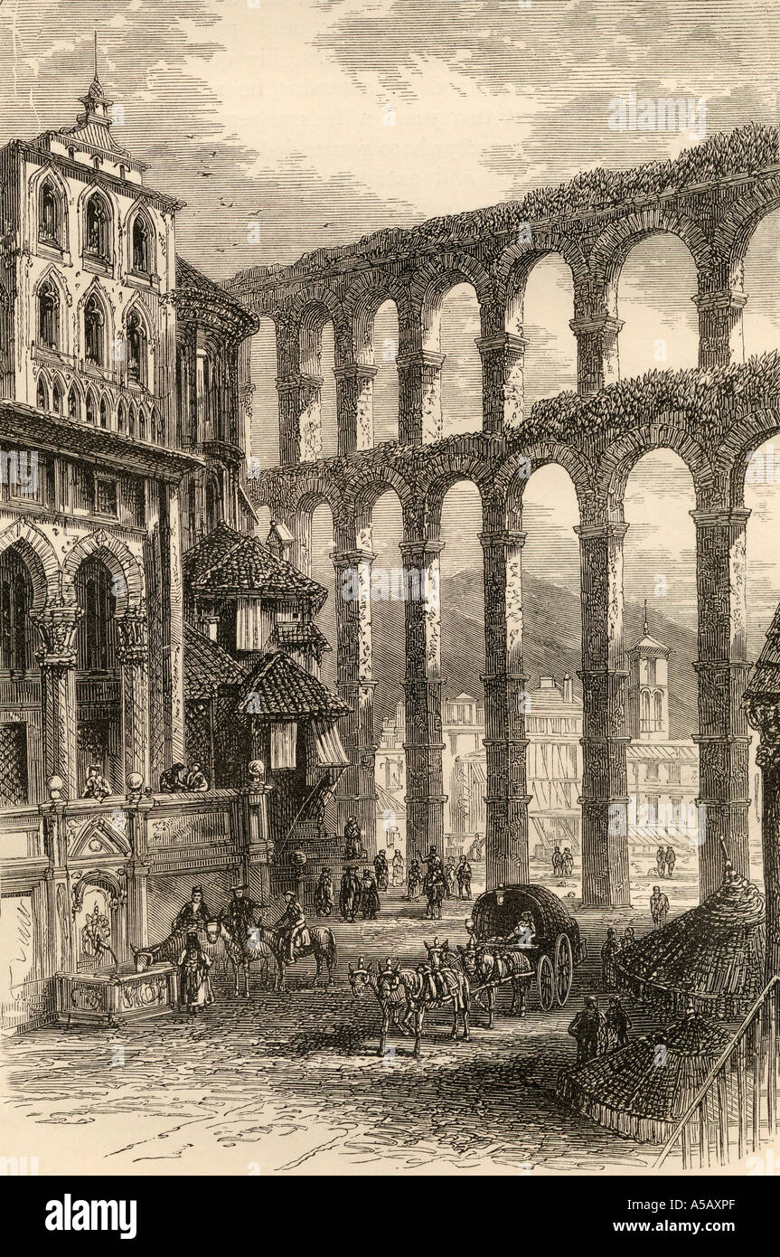 Aqueduct at Segovia, Spain. From the book Spanish Pictures by the Rev Samuel Manning, published 1870. Stock Photo