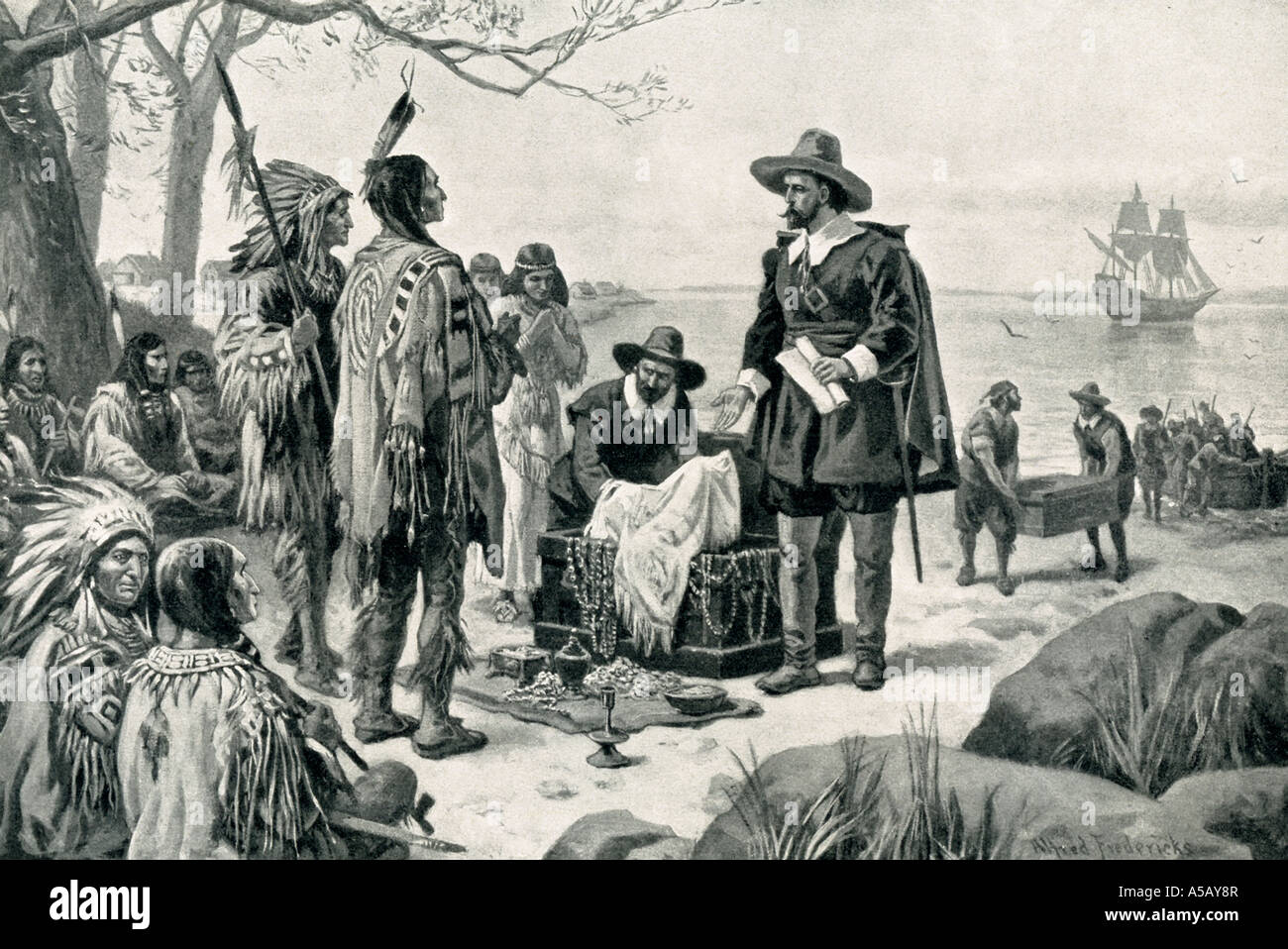 Peter Minuit purchases Manhattan from Native Americans Stock Photo