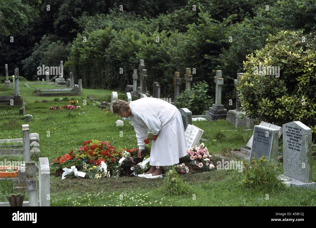Woman placing flowers on her mother's grave Stock Photo Alamy
