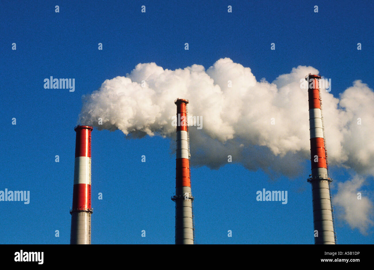 Climate change. Industrial smokestacks at a power plant on Randall's Island. Toxic steam billowing out of chimneys. Ravenswood Power Plant New York Stock Photo