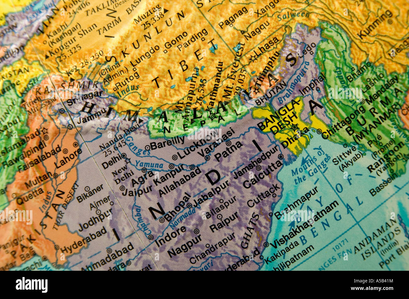 Close-up view of globe, India and Nepal. Stock Photo