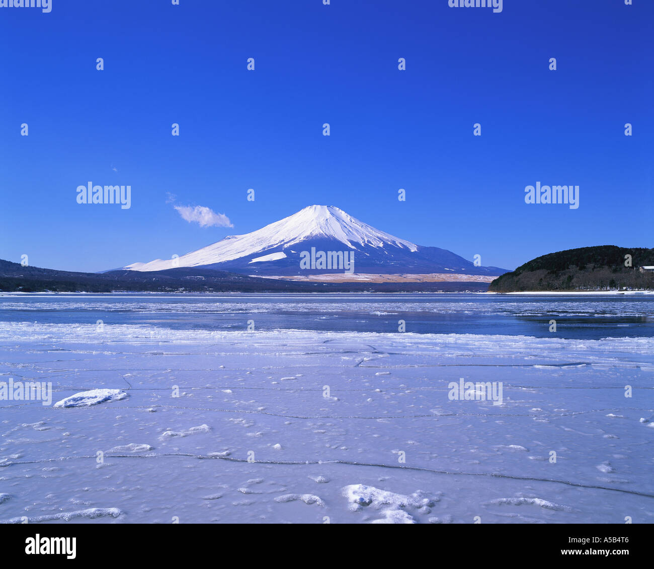 Frozen lake in front of Mt Fuji Stock Photo
