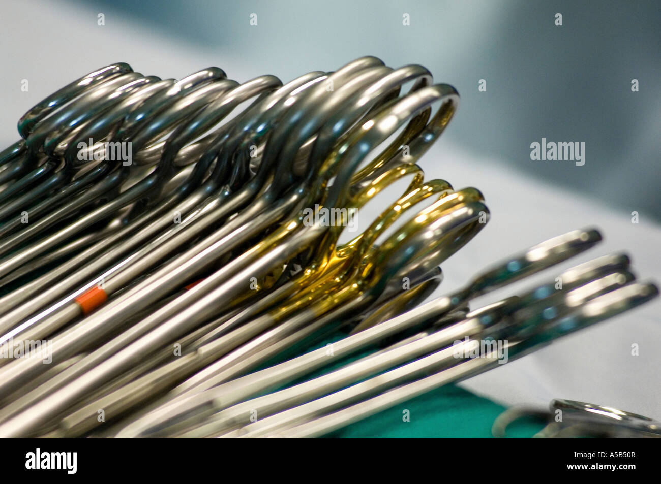 Closeup of surgical scissor clamps in operating room Stock Photo Alamy