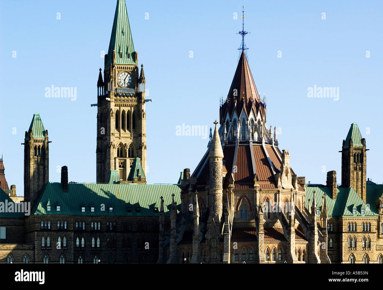 Canadian Landmark, The Library of Parliament and Ottawa's Peace Tower. Stock Photo