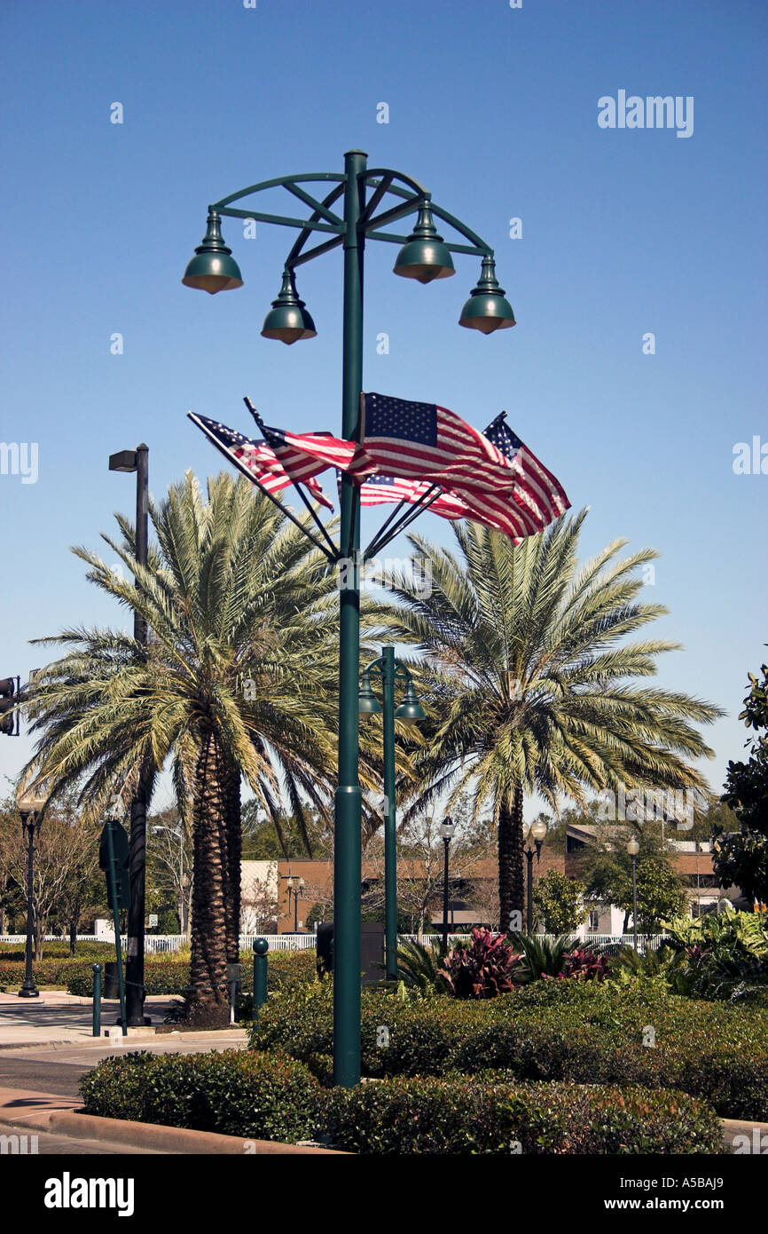 Lamppost with american flags in Downtown Orlando, Florida, United