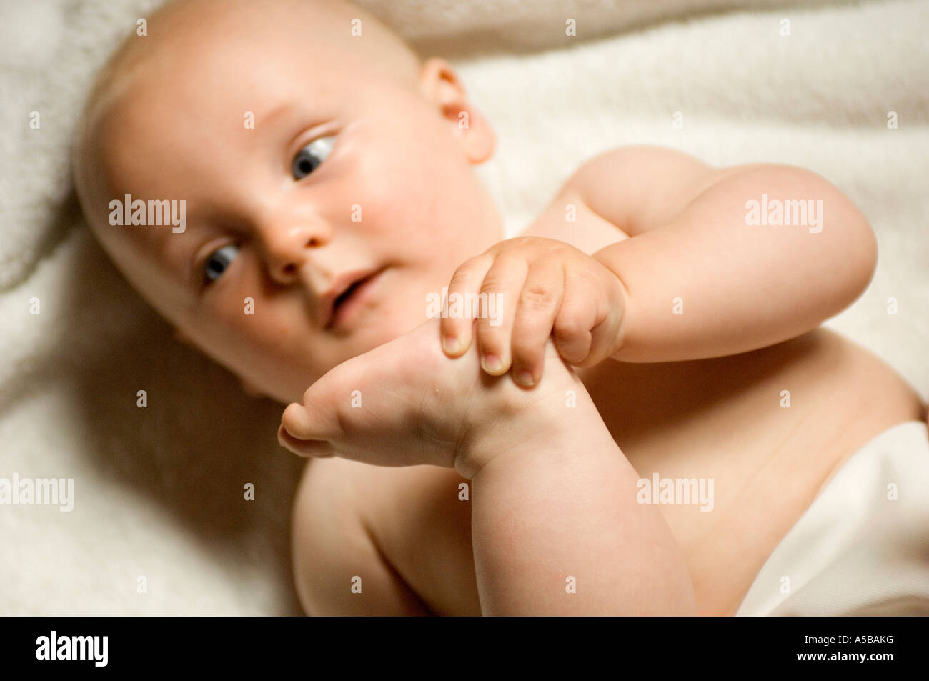 Baby grabbing his foot Stock Photo Alamy