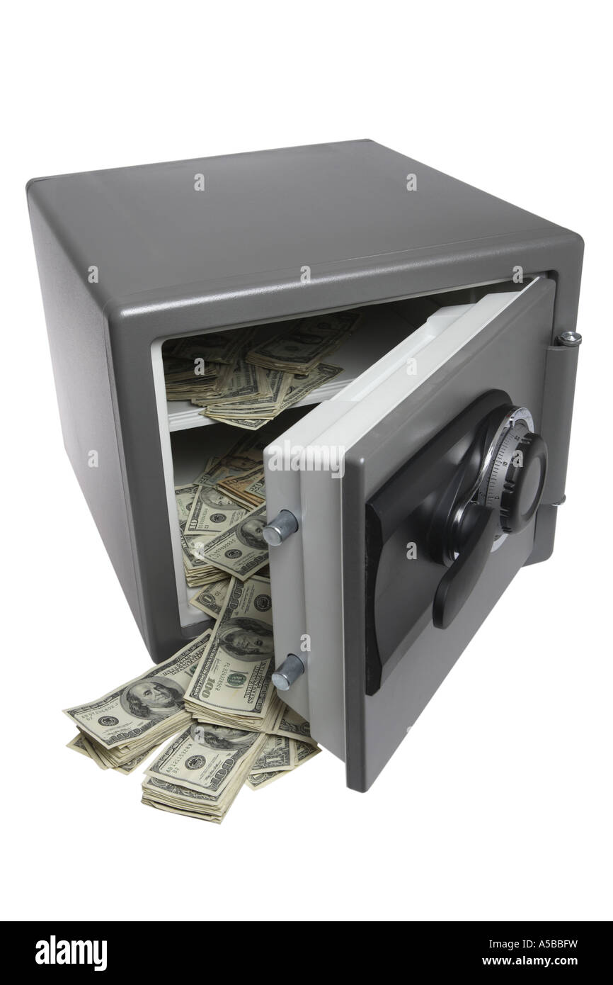 Open Safe with Money Pouring Out cut out on white background Stock