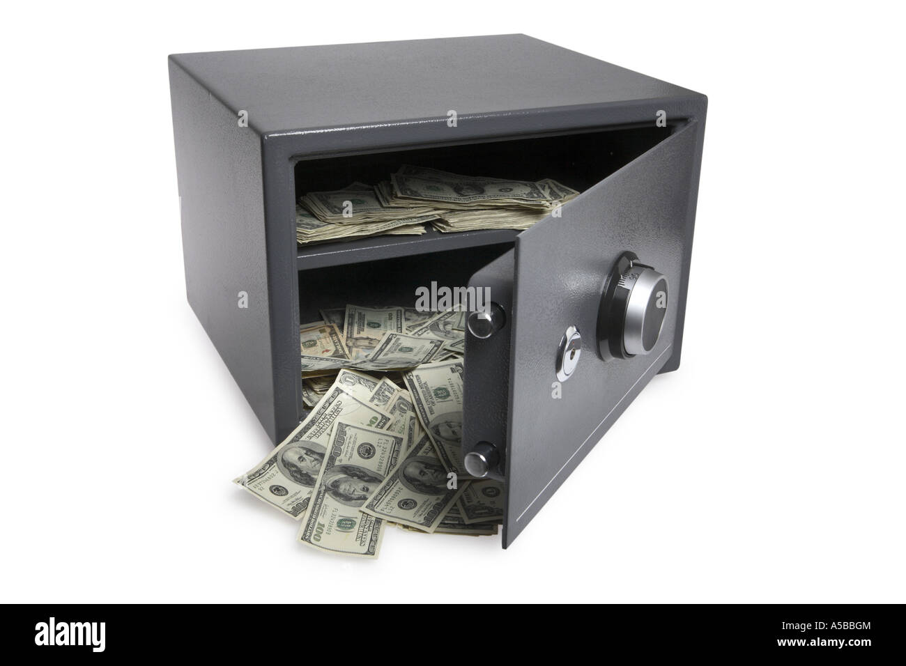 Open Safe with Money Spilling Out cut out on white background Stock Photo