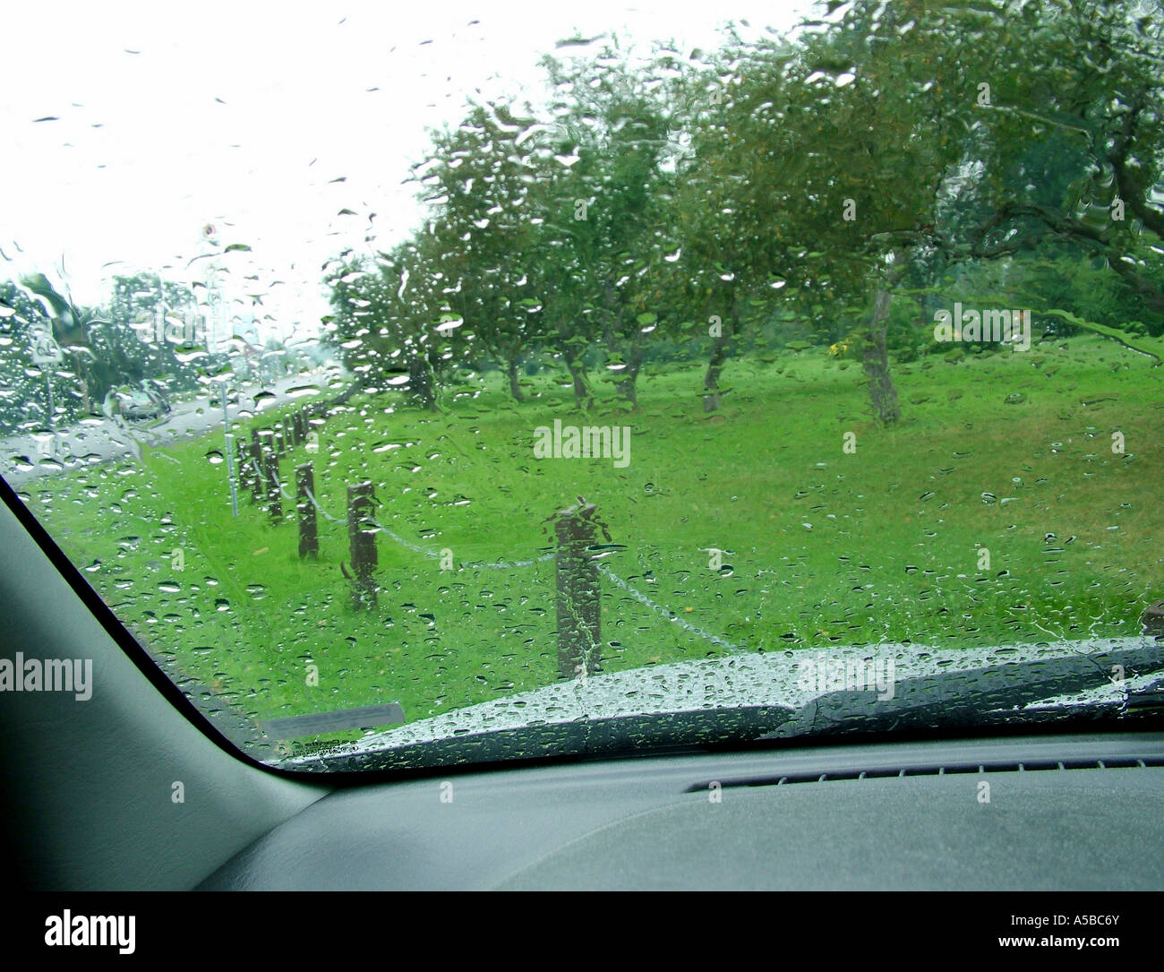 Rain drops on a blurry windshield Stock Photo Alamy