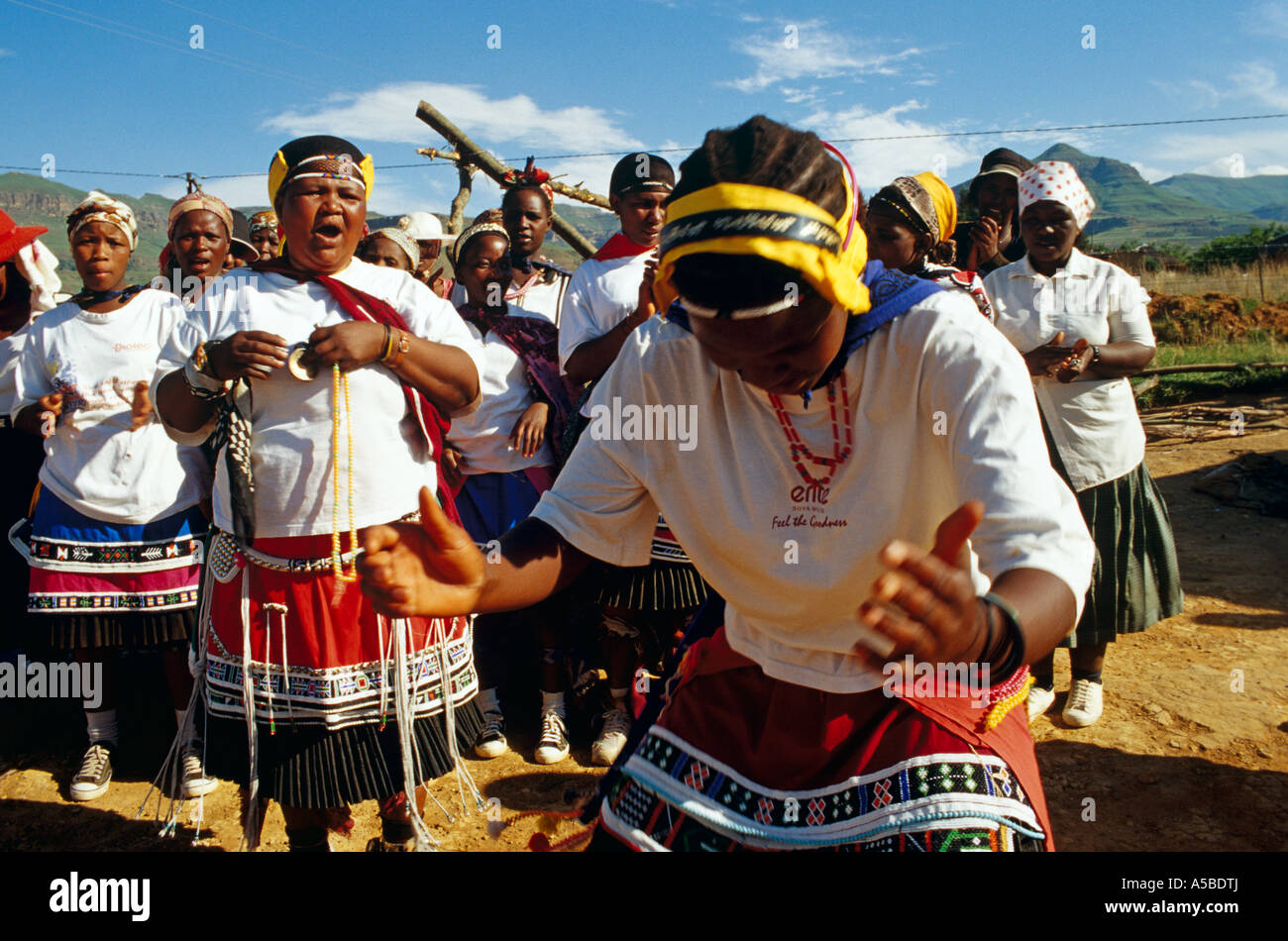 Local villagers performing the traditional Zulu dance, South Africa Stock Photo