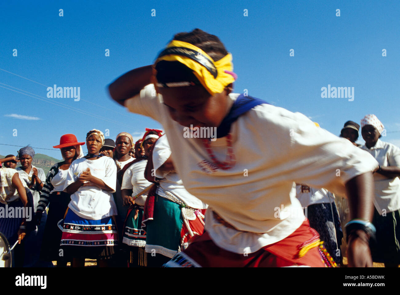 Local villagers performing the traditional Zulu dance in South Africa Stock Photo