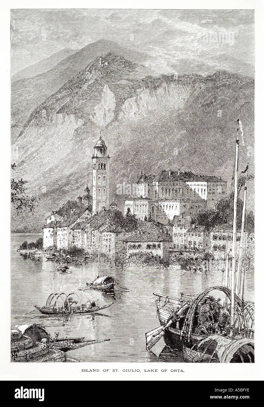 island of st giulio lake of orta Isola San lago Piedmont Lombardy basilica catholic Christian Italy Italian bell tower boat work Stock Photo