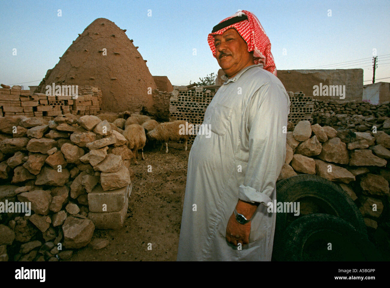 A man standing in front of beehive houses in Aleppo Syria Stock Photo