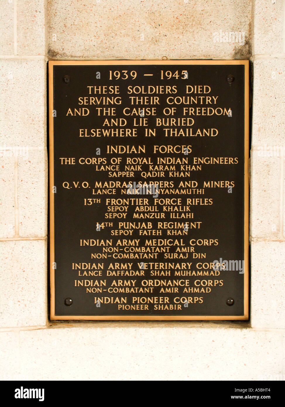 Plaque noting Indian soldiers buried in Thailand Don Rak Kanchanaburi War Cemetery Thailand Stock Photo