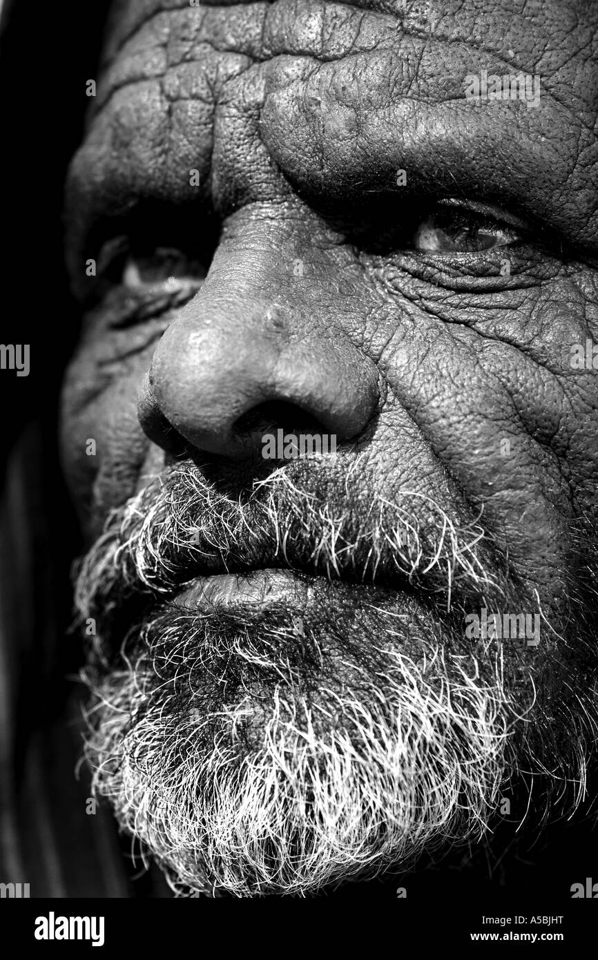 Monochrome portrait of an old Indian man. Andhra Pradesh, India. Black and White Stock Photo