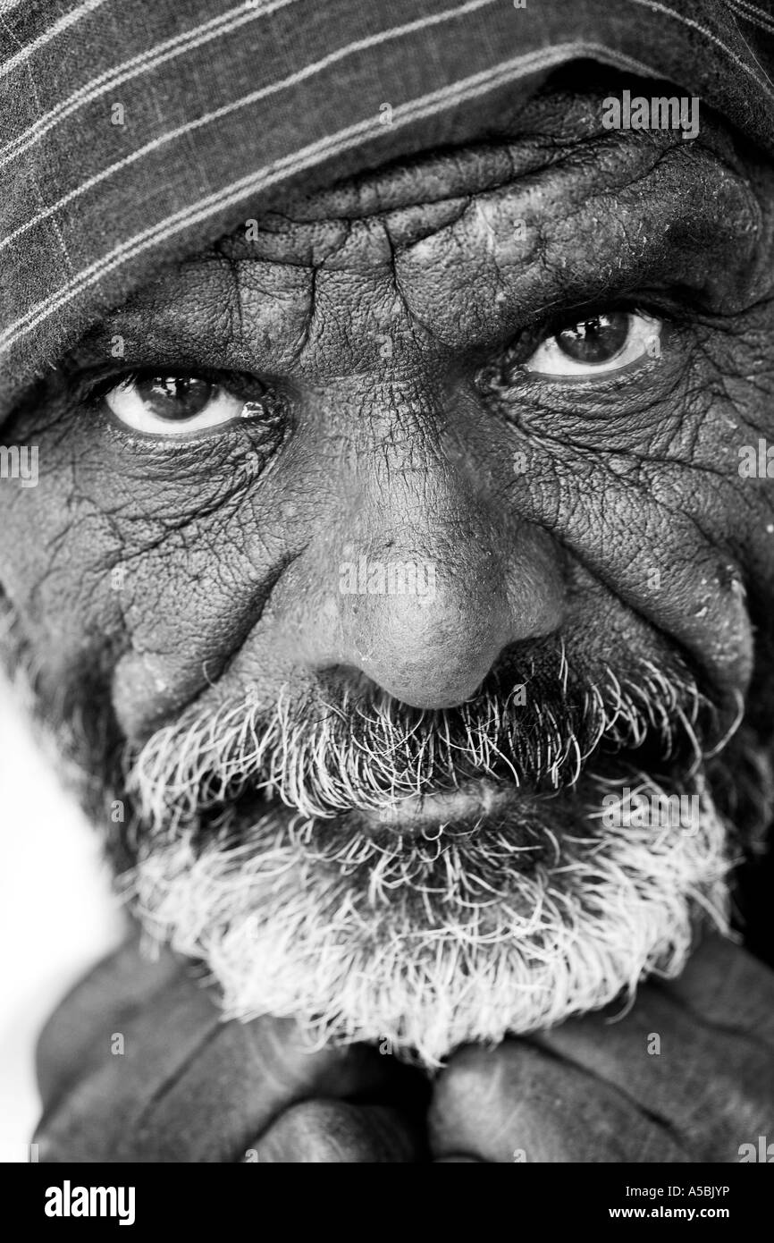 Indian man face portrait. Andhra Pradesh,  India. Monochrome Stock Photo