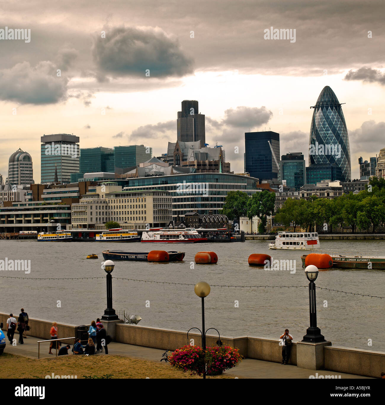 City of London panorama viewed from Queen Elizabeth II walk twilight Stock Photo