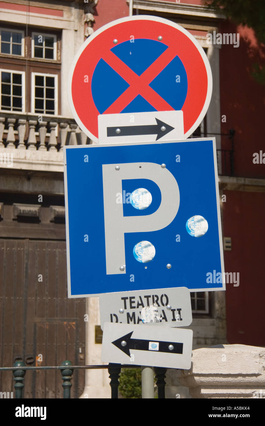 Signs in Lisbon Portugal city street signalling No Parking in one
