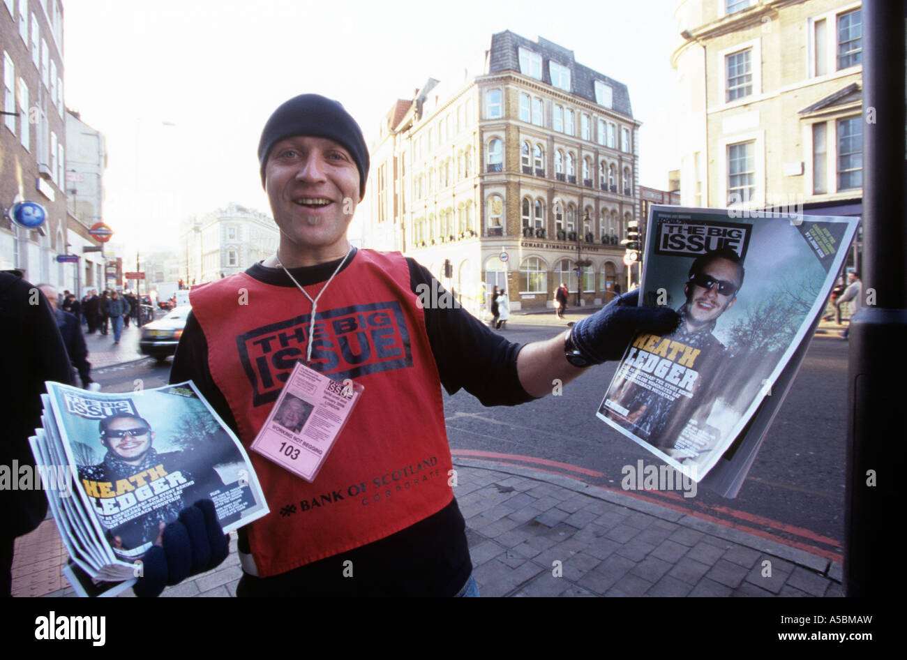 A man selling Big Issue newspaper in London UK Stock Photo
