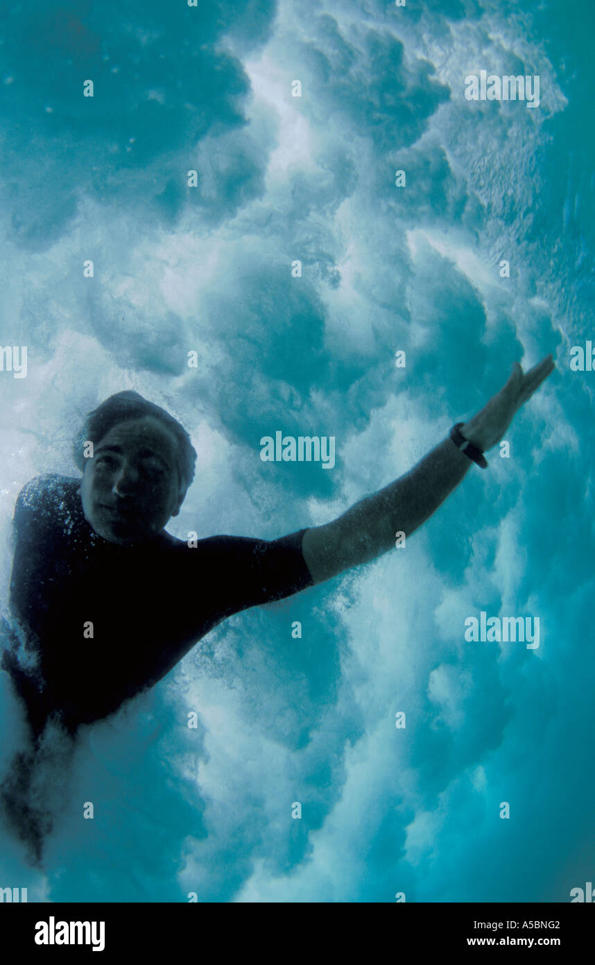 View of man bodysurfing from underwater Stock Photo