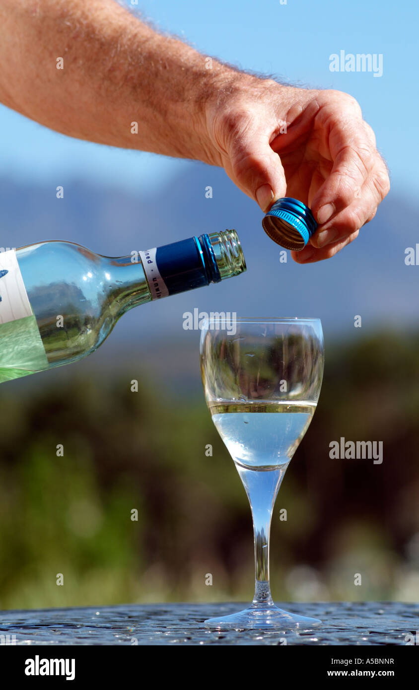 Screw cap on South African wine bottle White wine being poured into a wine glass Stock Photo