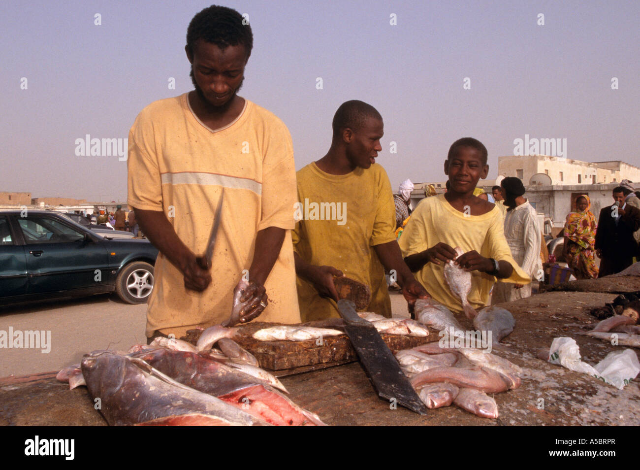 Mauritanian fish traders preparing fish on fish market stall