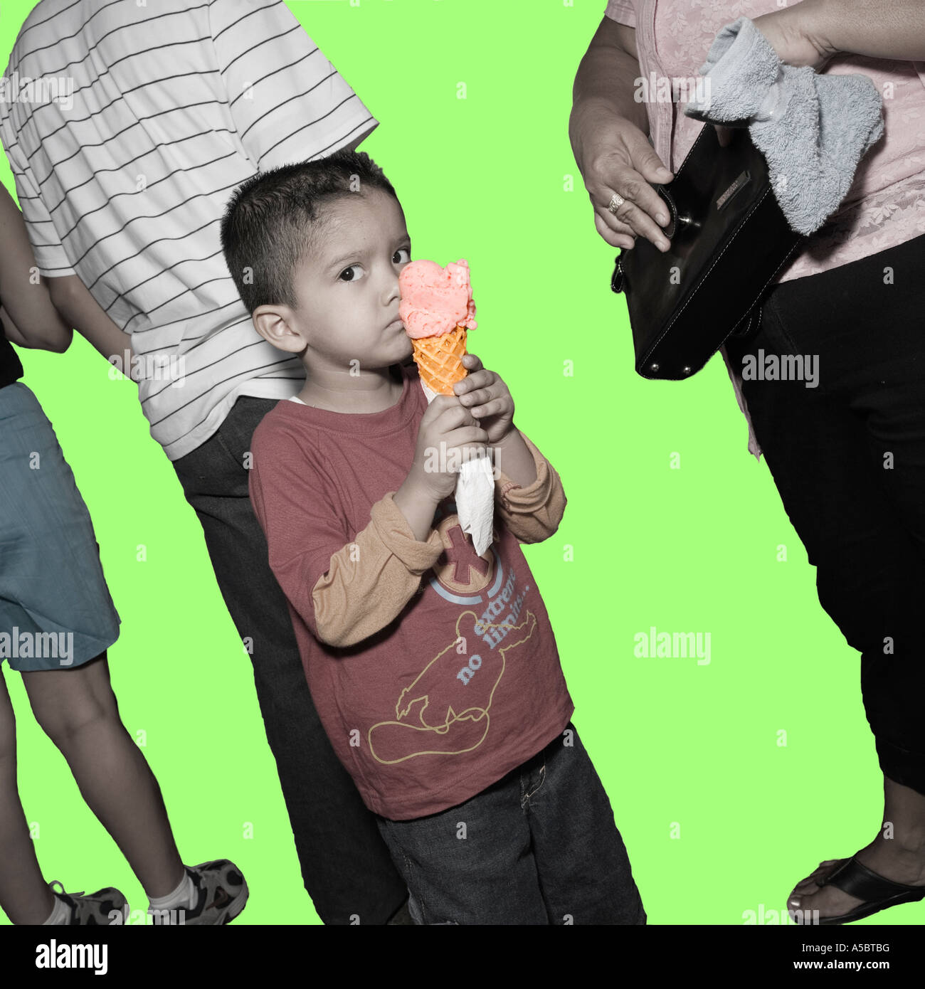 Ice Cream boy in family group Cut Out cut-out plain background in the style of Rodchenko desaturated colour color pea lime green Stock Photo