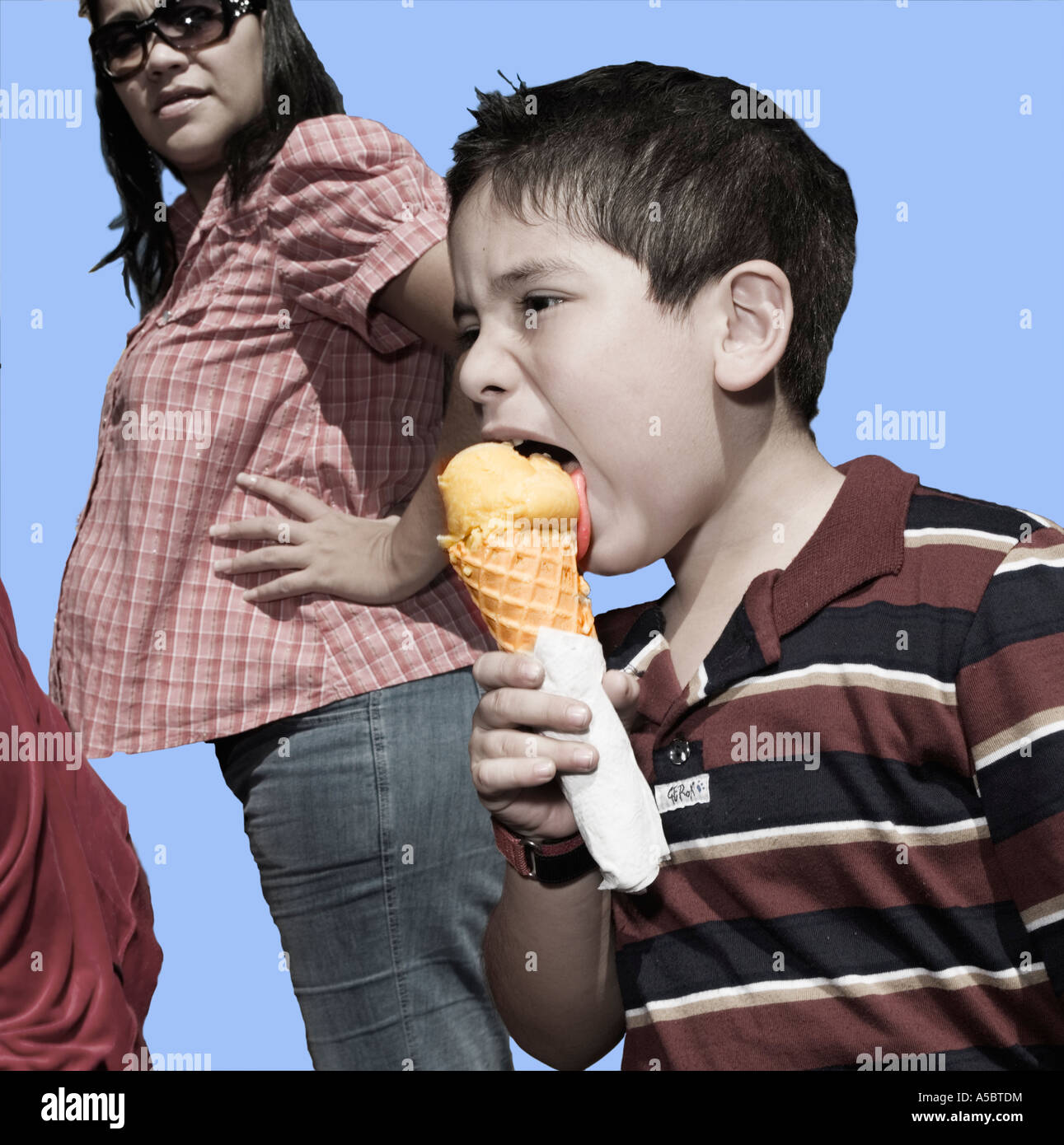 Ice Cream boy cut Out cut-out plain background in the style of Rodchenko desaturated colour color sky blue Stock Photo