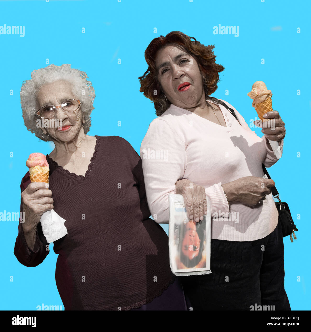 Ice Cream ladies Cut Out cut-out plain background in the style of Rodchenko desaturated colour color sky blue turquoise Stock Photo