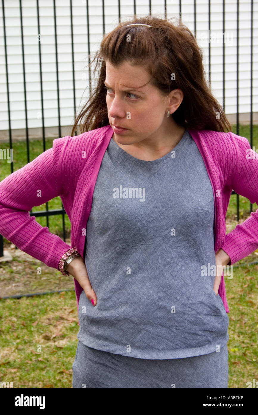 Intense woman in Easter outfit age 35. St Paul Minnesota USA Stock Photo
