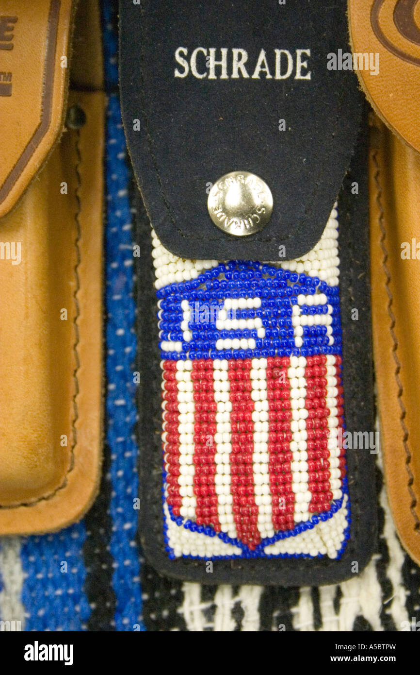 Beaded patriotic American flag shield on Schrade knife case. St Paul Minnesota USA Stock Photo